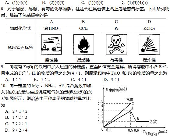 2019年成人高考高起点《化学》单项选择题